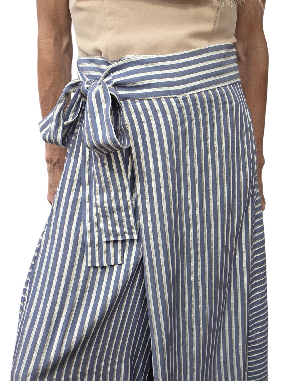 Eva Franco Striped Wide Leg Crop Pants Gold Lurex Tie Waist 6 - Picture 7 of 12